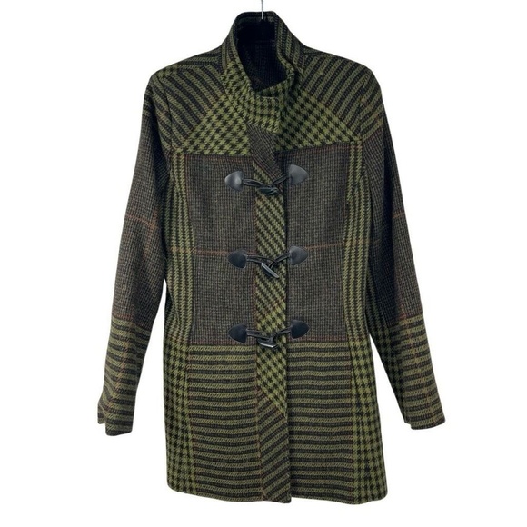 Triona Green Black 100% Wool Ireland Made Zipper Toggle Closure Coat Womens - Picture 1 of 12